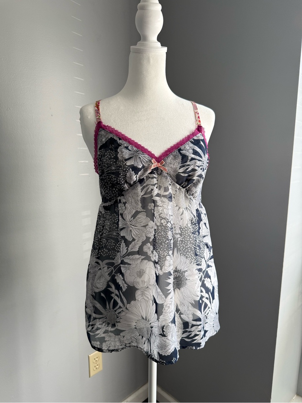 Liberty of London Navy & White Floral Camisole with Pink Lace Trim